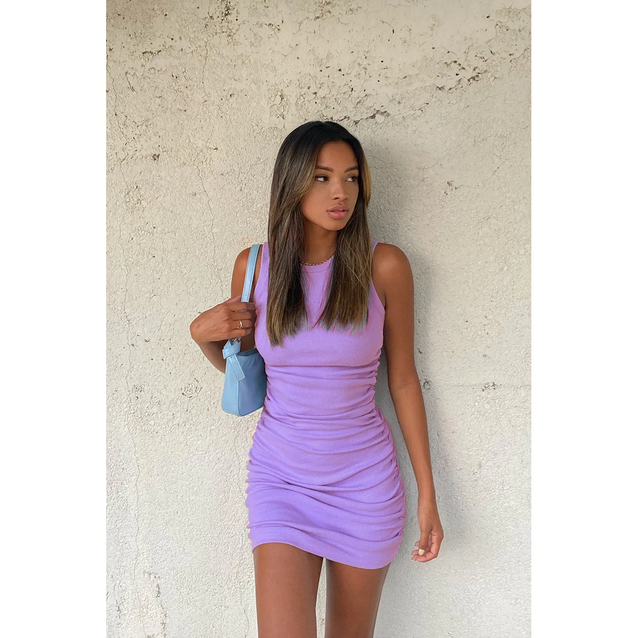 

Thread Pleated Round Neck Hip Wrap Sexy Dress Amazon T-shirt Dress Women