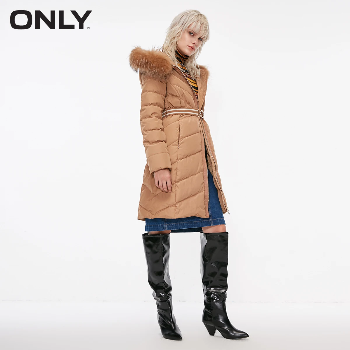 Только для женщин отбеленный Slim Fit енота меховой воротник длинный пуховик пальто парка | 118312526