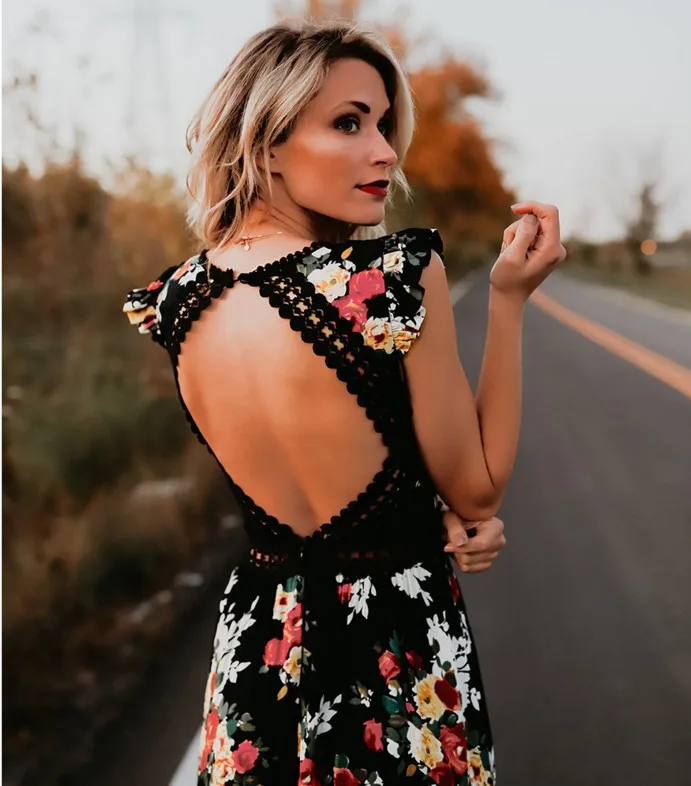 

2021 Bohemian Holiday Beach Woman Dresses Fashion Print V-neck Backless Ankle Length Hollow Out Empire Female Dresses