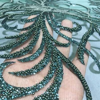 champagnegreen leafs design luxury sequin tulle mesh rhinestonebeaded lace fabric material for women wedding party dress gown