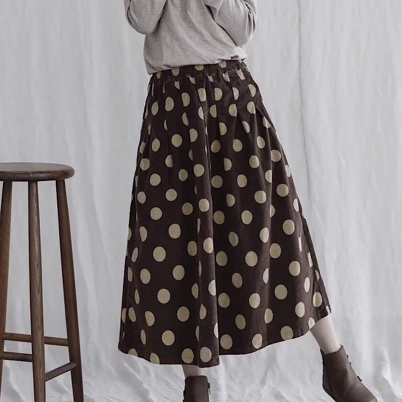 Новинка 2020 года сезон весна Повседневная Вельветовая юбка в горошек с карманами