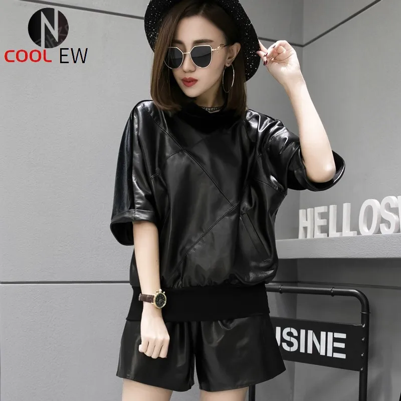 

New Fashion Women Half Sleeve Spliced Genuine Leather Jacket Turtleneck Pullover Tops Bomber Jacket Lady Harajuku Streetwear Top