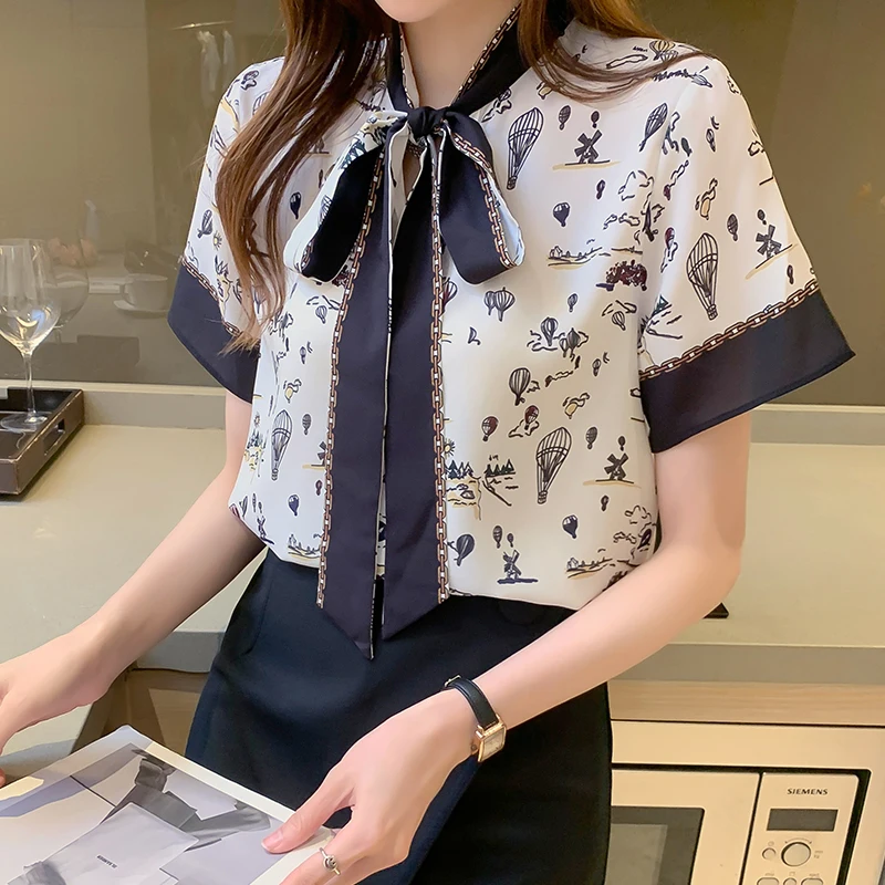 

Print Women's Blouse Chiffon Girl's Shirt New Korean Loose Fashion Short Sleeve Top Casual Plus Size Lady Blusas Houthion