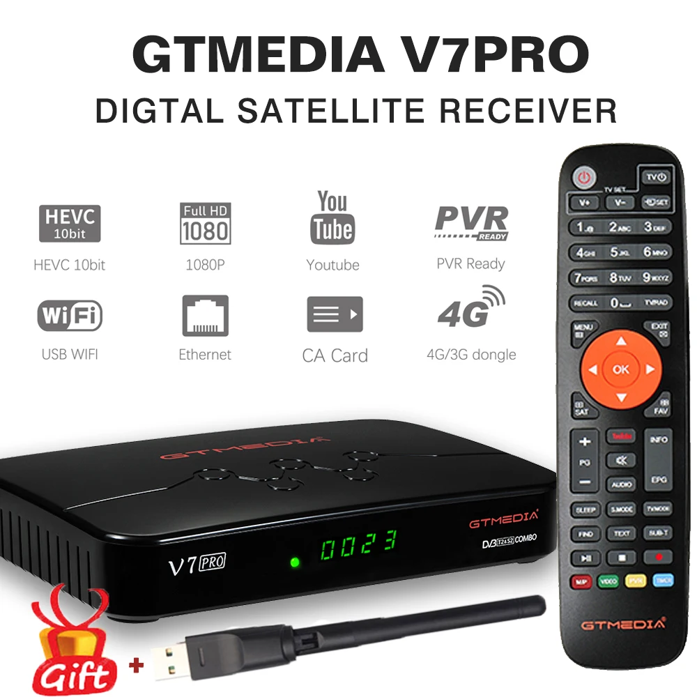 

Спутниковый ТВ-ресивер GTMEDIA V7 PRO 1080P FHD DVB S2 T2 тюнер H.265 10 бит с USB WiFi декодером поддержка Youtube Ccam USB WIFI