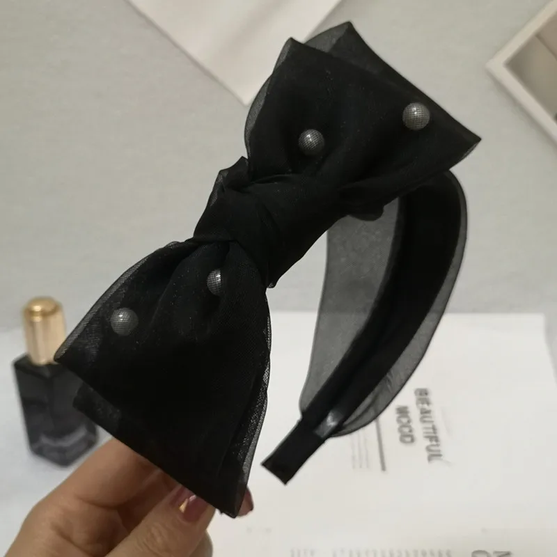 

CN Gorgeous Silk Big Bow with Pearl Hairband for Girls Women Simple Solid Mesh Lace Multi-layer Wide-edged Headband for Party