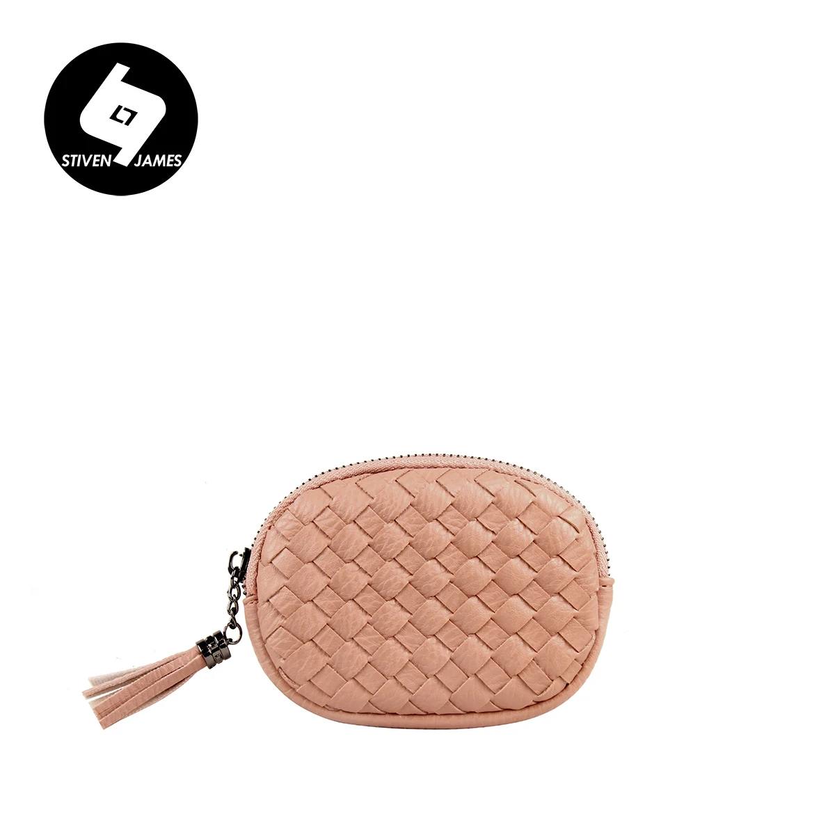 Salmon pink STIVEN JAMES, ручные тканые кошельки для мелочи из искусственной кожи, кошельки для монет, кошелек для монет, Женский мини кошелек с кисточками, сумка для смены на молнии, овальная - Цвет: Salmon pink
