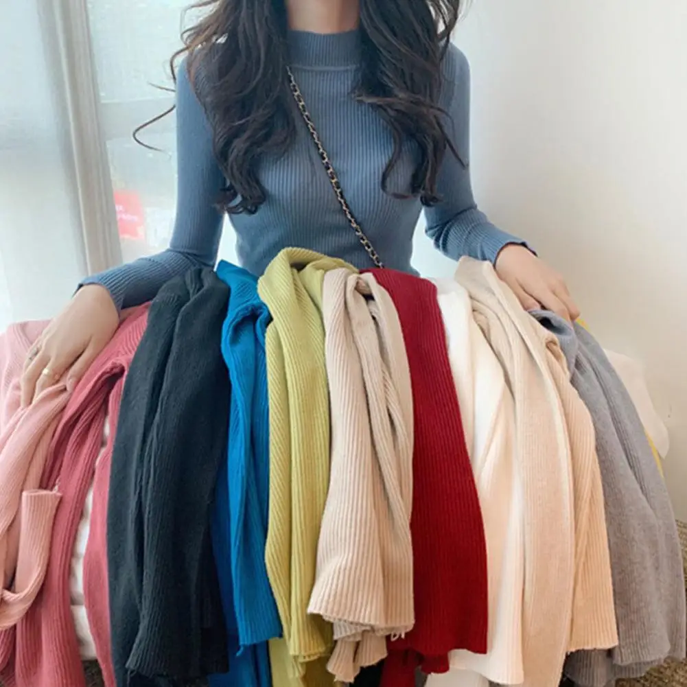 

Women Solid Color Knitwear Long Sleeve Mock Neck Ribbed Slim Sweater Autumn knitted sweater