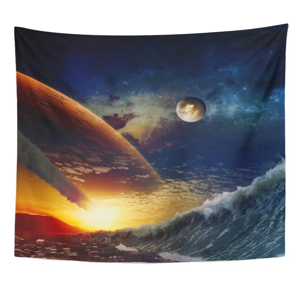 Wall Hanging Apocalyptic Dramatic Giant Tsunami Waves Crashing Small Coastal Town Asteroid 50&quotx 60&quot Tapestry Home Decor Art