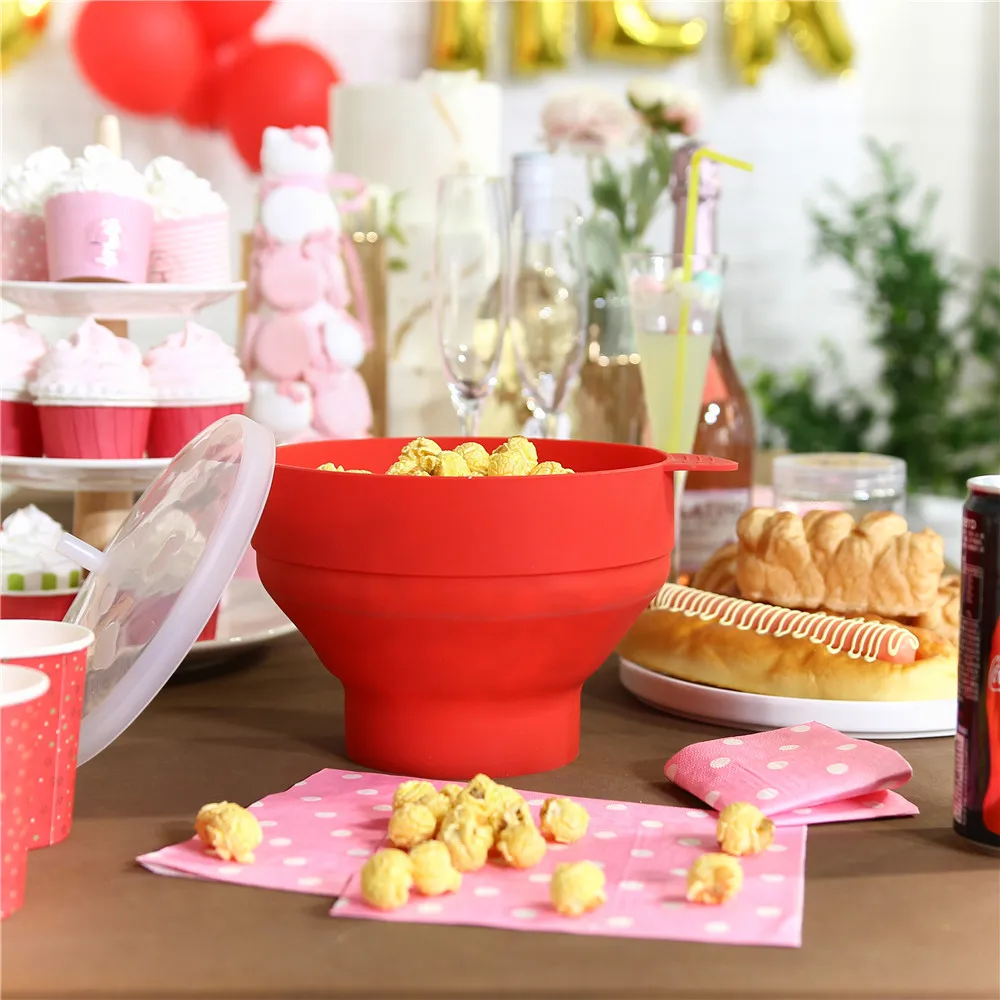 

The Original Microwave Popcorn Maker Silicone Popcorn Bucket Bowl With Lid Foldable Red High Temperature Large Kitchen Easy Tool