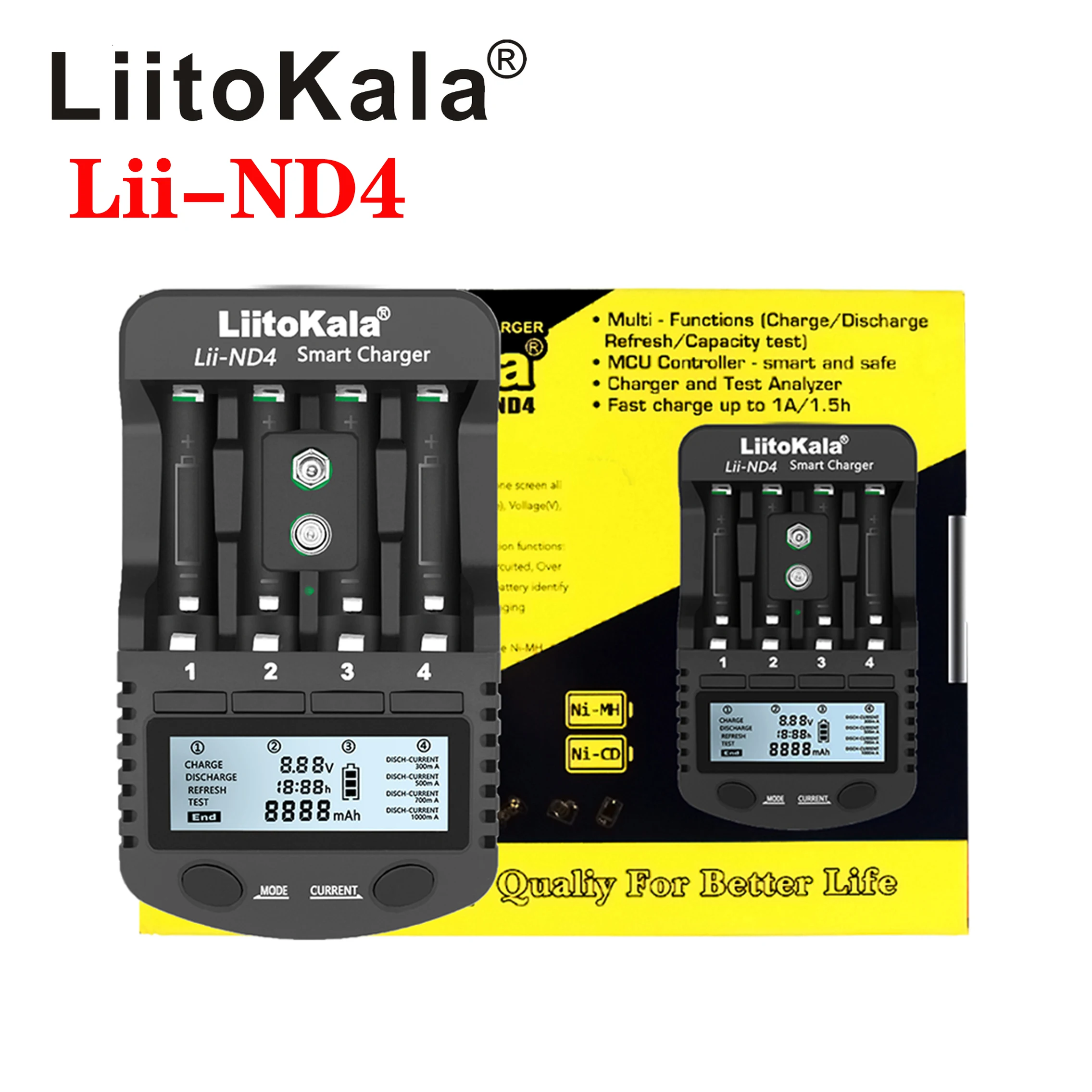

LiitoKala Lii-ND4 1.2V NiMH/Cd charger AA AAA charger LCD Display and Test battery capacity For 1.2V aa aaa and 9V batteries.