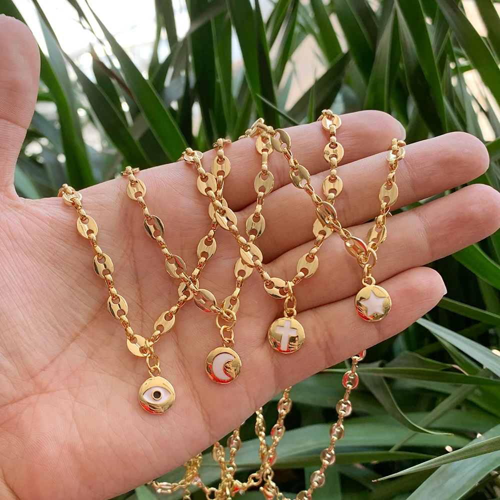

5Pcs Gold Plated necklace Mini-cross Eyes Moon enamel pendant Jewelry Coffee Beans Link Chain necklace Hip Hop Jewelry Collier