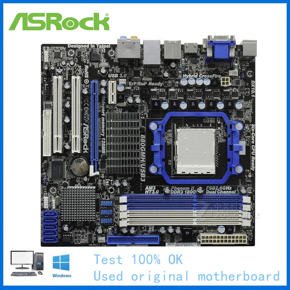 Материнская плата для ASRock 880GMH/USB3 компьютера USB2.0 SATA II AM3 DDR3 AMD 880G 880 б/у настольной