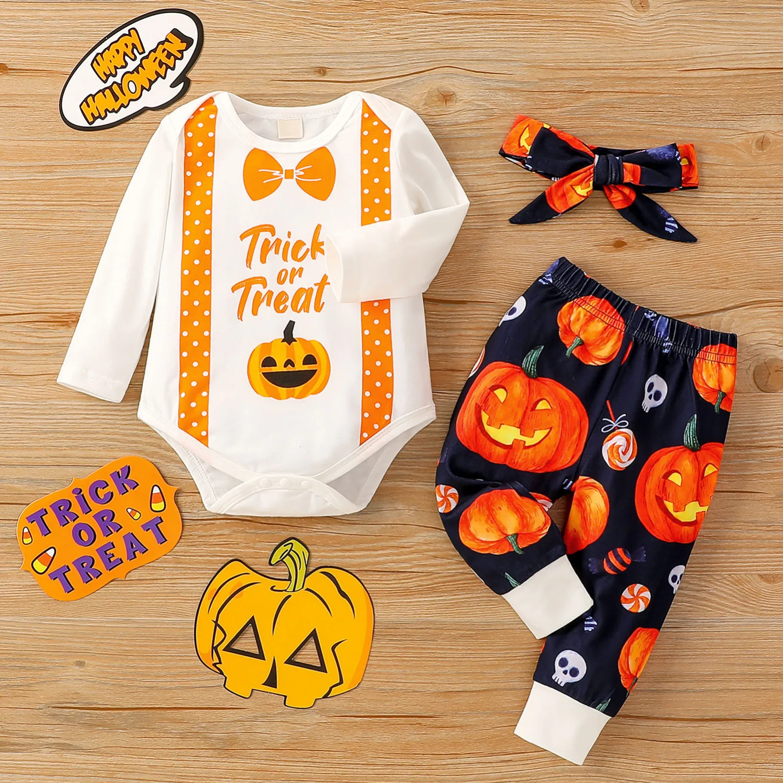 

3Pcs Halloween Clothing Set Infant Baby Boys Girls Halloween Pumpkin Letter Romper Bodysuit + Pants Autumn Outfits