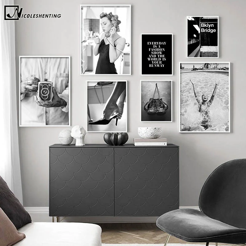 Черно белая одежда для плавания девочек винтажная камера модный постер кавычки