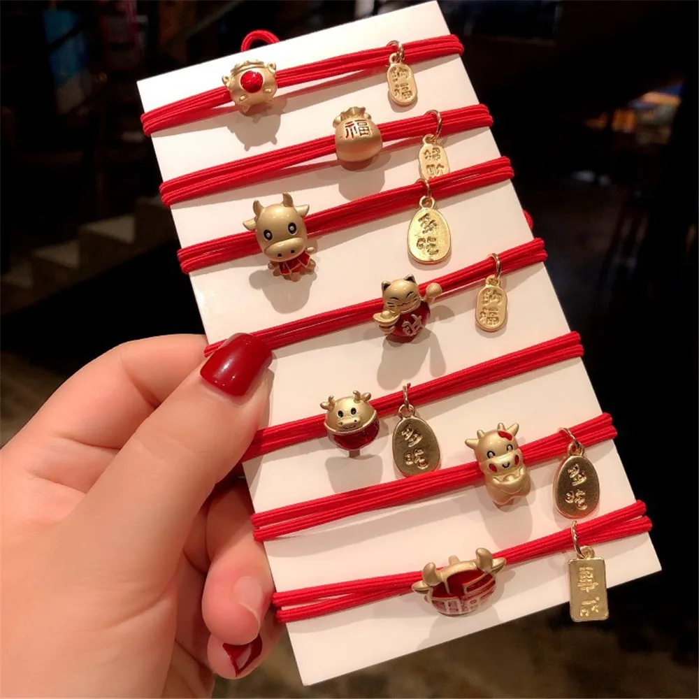 

New Year Chinese Cattle Zodiac Metal Hair Tie Hair Accessories Cartoon Alloy Pendant Hair Ties Girls Lovely Hair Ropes