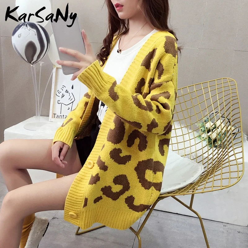 Autumn Leopard Cardigan Women Knitwear Button Yellow Long Print Sweater Knitted Blue Female Cardigans Top |