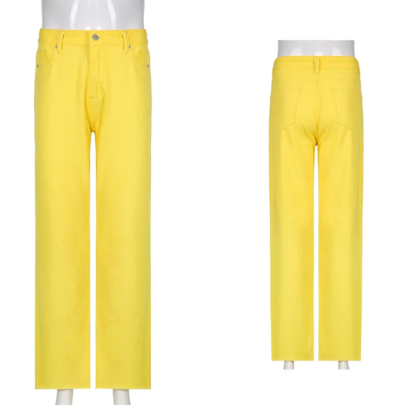 

Yellow Wide Leg Straight Jeans Women Y2K Vintage Summer High Waist Mom Denim Pants Casual Trousers Cute Aesthetic Jeans Iamhotty
