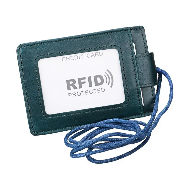 TRASSORY Анти Rfid ID карты шеи держатель из натуральной кожи кредитный держатель для карт с ремешком для мужчин и женщин - Цвет: Green