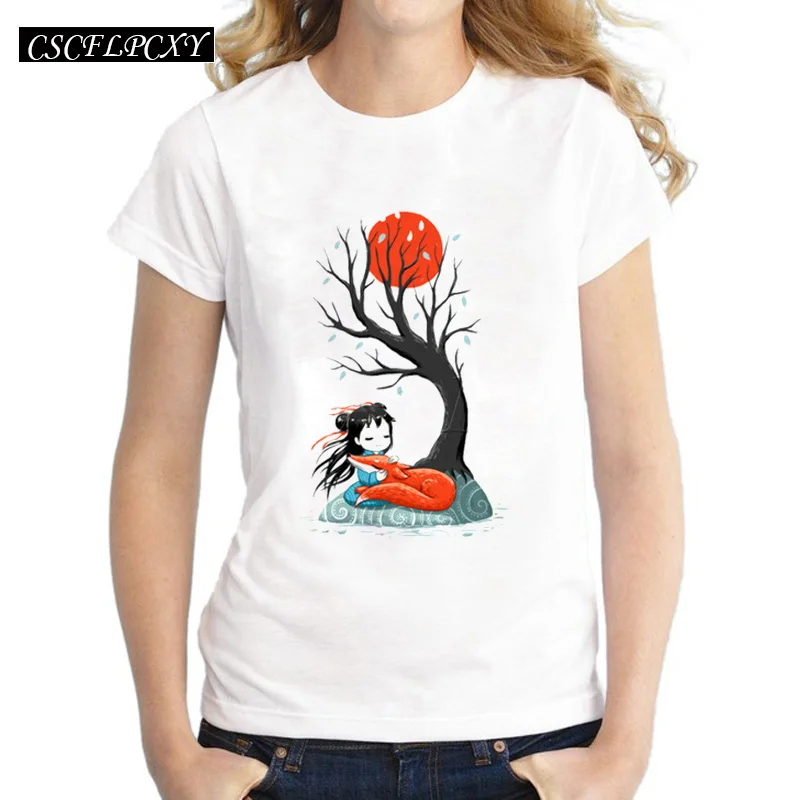 Женская футболка с принтом лисы и девушки тонкие Повседневные базовые Топы