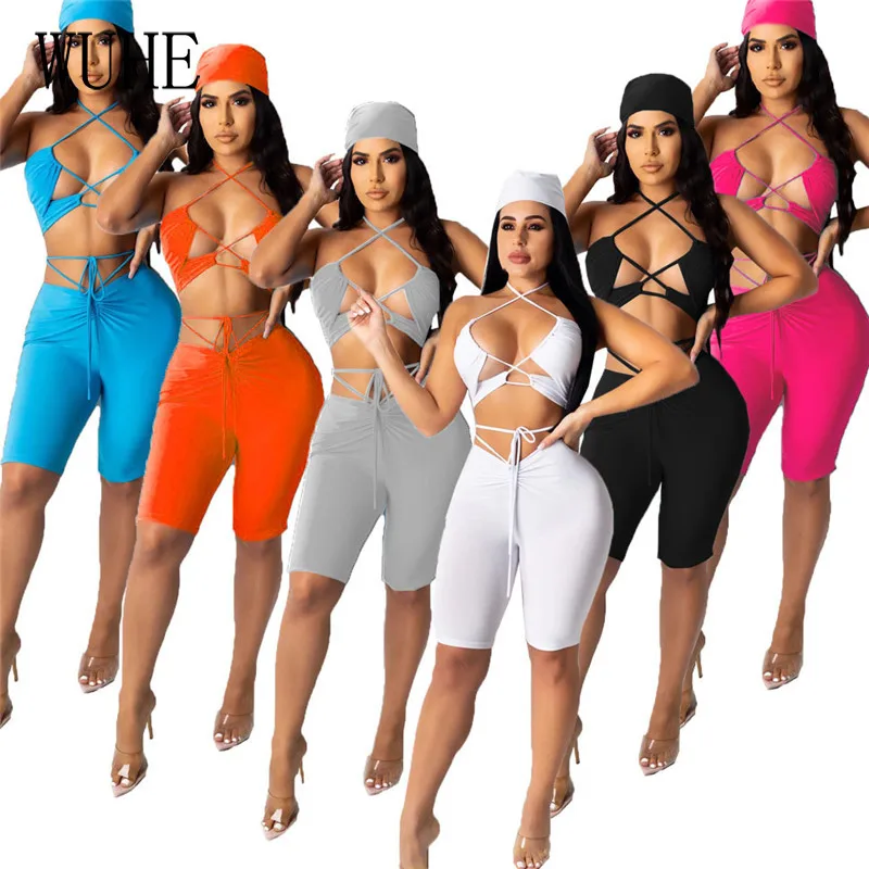 

KEXU Bandage Lace Up 2 Pieces Sets Spaghetti Strap Strapless Hollow Out Top with Scarf and Drawstring Pants Streetwear Outfits