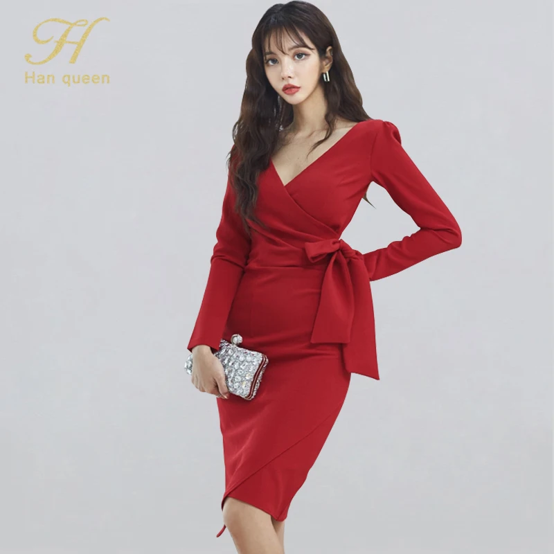 Новое поступление элегантное красное платье-карандаш H Han Queen на шнуровке женские