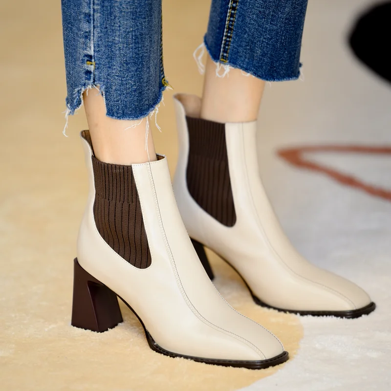 Women Ankle Boots Chunky Heels High Pumps Chelsea Botas Elastic Short Boots Super Fashion PU Leather Shoes