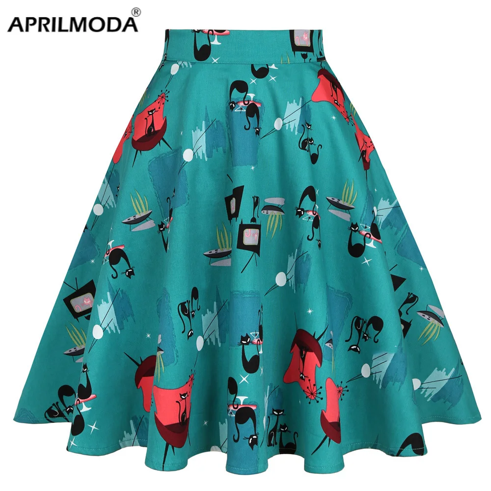 

2021 Cat Printed Short Swing Cotton Casual Summer Skirts High Waist Vintage Retro Skater Punk Harajuku Midi Skirt faldas mujer