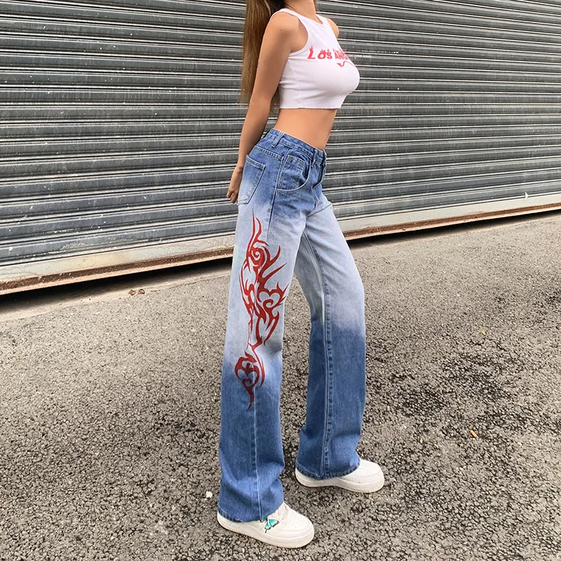 

Fashion Street Trendy Dragon Print Gradient Color Straight-leg Jeans Casual High-waist Trousers Women's Pants Summer New 2021