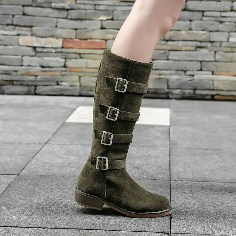 

Women's Mid Calf Boots Buckle Side Zip Block Heel Round Toe Riding Winter Shoes