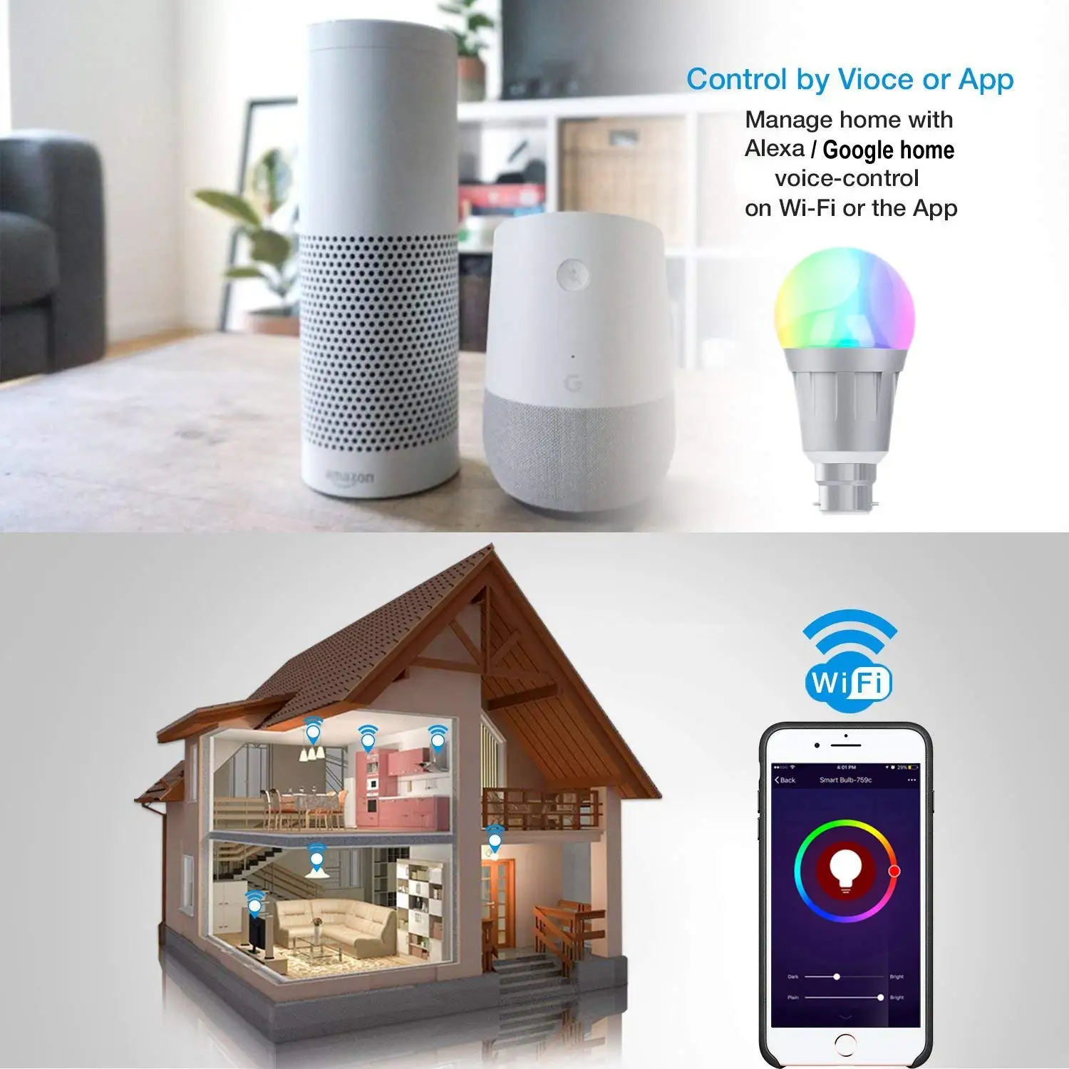 Bayonet Wifi умная Светодиодная лампа с регулируемой яркостью 7 Вт B22 RGB разноцветная