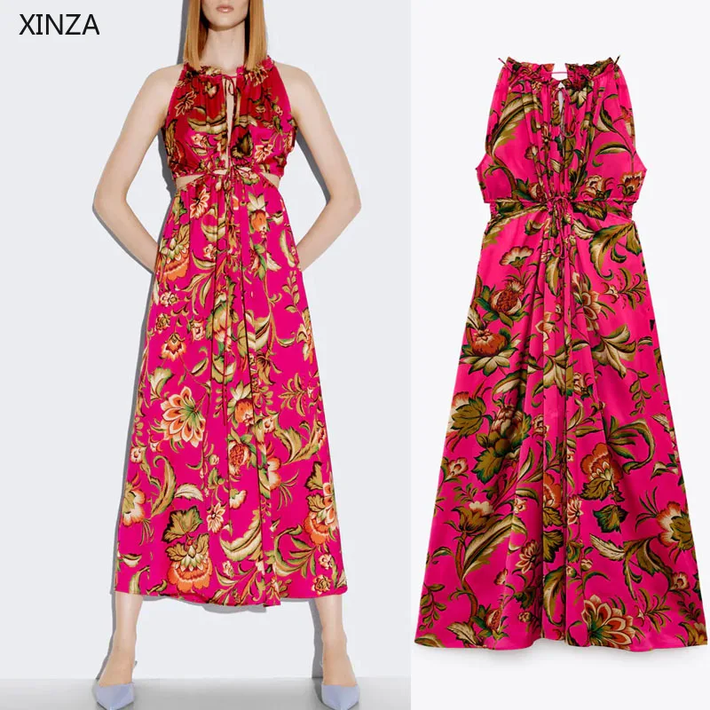 

Женский Длинный комбинезон с принтом Za, красный комбинезон без рукавов с вырезами и поясом на резинке, лето 2021