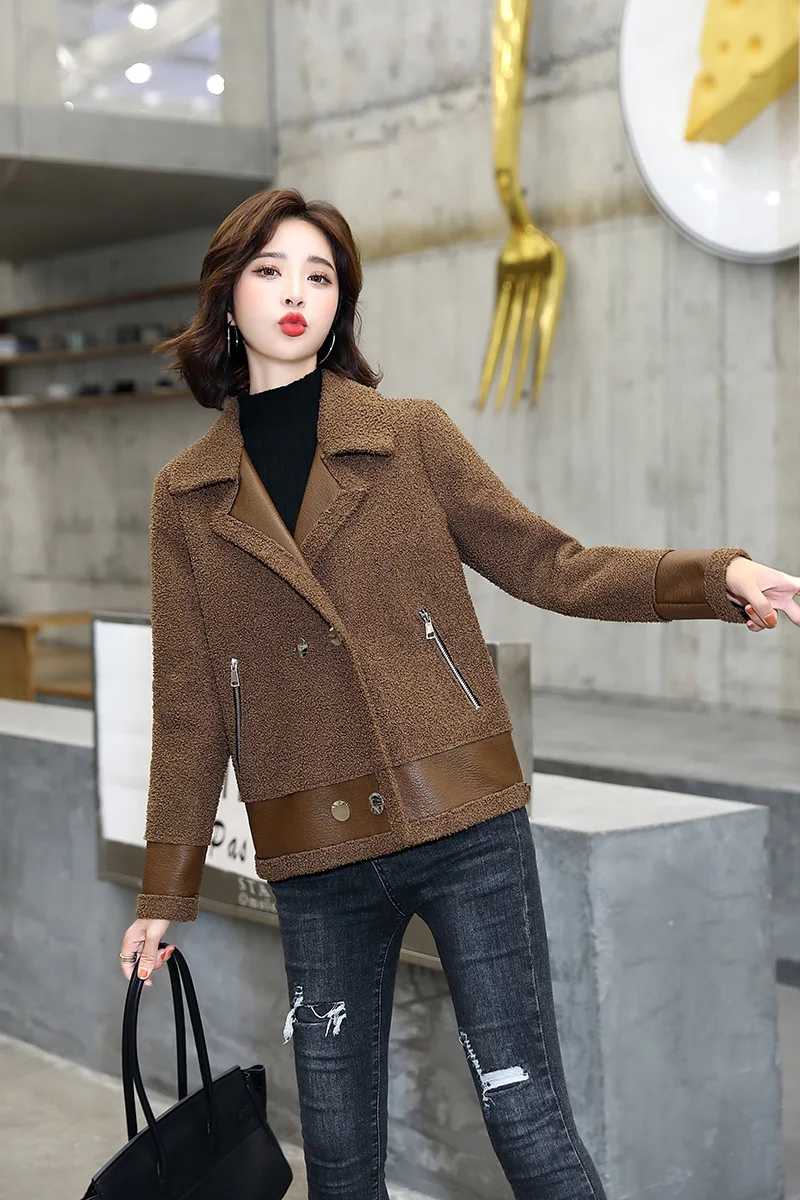

wool lambs coat female winter brief paragraph add wool pu leather jacket coat of new fund of 2020 autumn winters