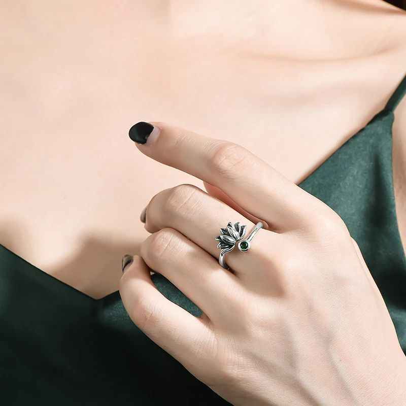 BALMORA 925 Sterling Silver Lotus Flower Open Rings for Women Men Gift Green Zircon Vintage Ring Jewelry Anillos | Украшения и