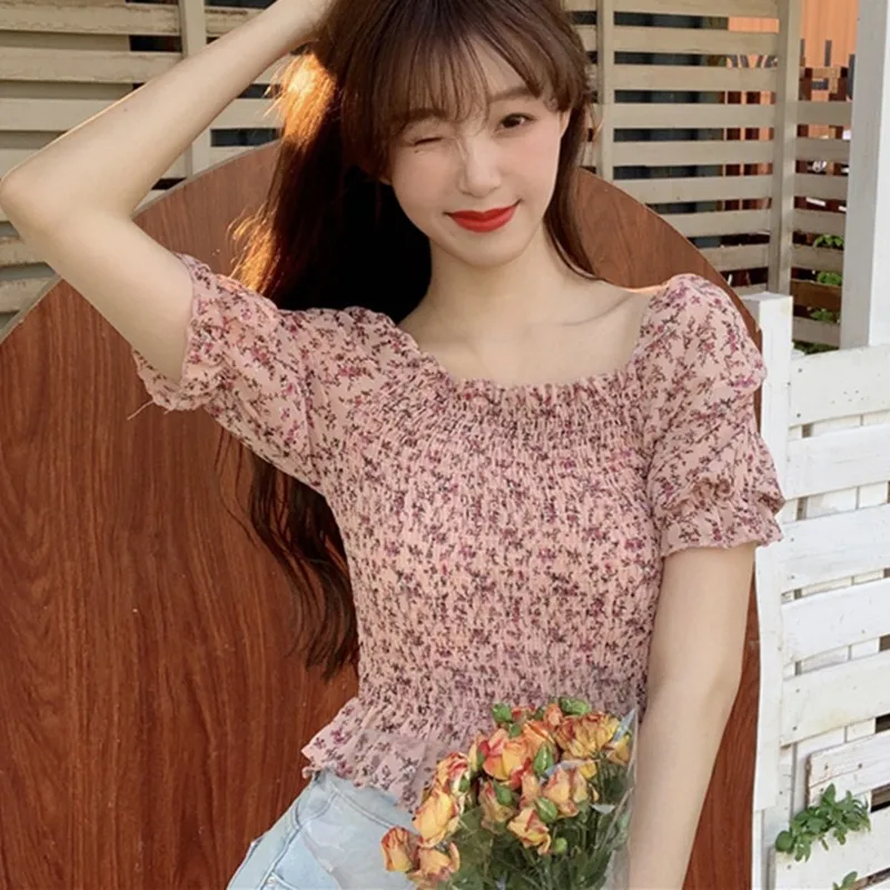 

Spring Floral Printed Sweet Blouses Women Square Collar Female Short Puff Sleeve Chiffon Shirts Cozy Crop Tops Femme Ropa Mujer