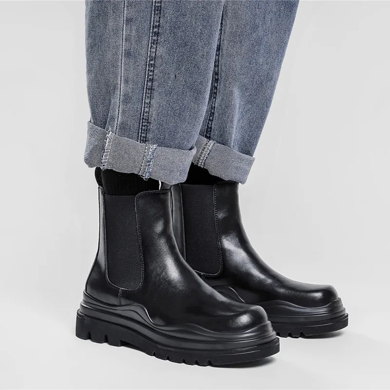 

Мужские полуботинки на платформе в британском стиле, ковбойские ботинки из натуральной кожи, красивые короткие ботинки челси, мужские боти...