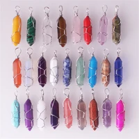 50 pcs crystal natural gem stone quartz wrap pendant necklace for women pendulum reiki healing crystal pillar charms pendants