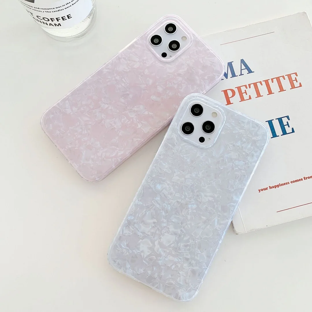 

100Pcs Glossy Marble Case For iphone 12 11 Pro Max 6 7 8 Plus X XS Max XR SE Conch Shell Dream Shockproof Glitter Soft IMD Cover