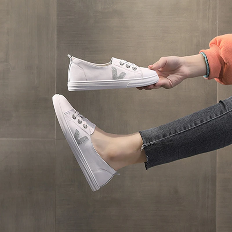 

Women Sneakers Round Toe Lace Up White Flats 2021 Fashion Casual Vulcanize Shoes Sports Breathable Shoes Zapatos De Mujer