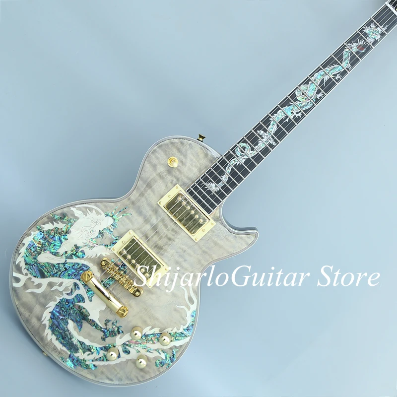 

Custom LP electric guitar, gray large flower body, color shell dragon pattern, rosewood fingerboard, freeshipping
