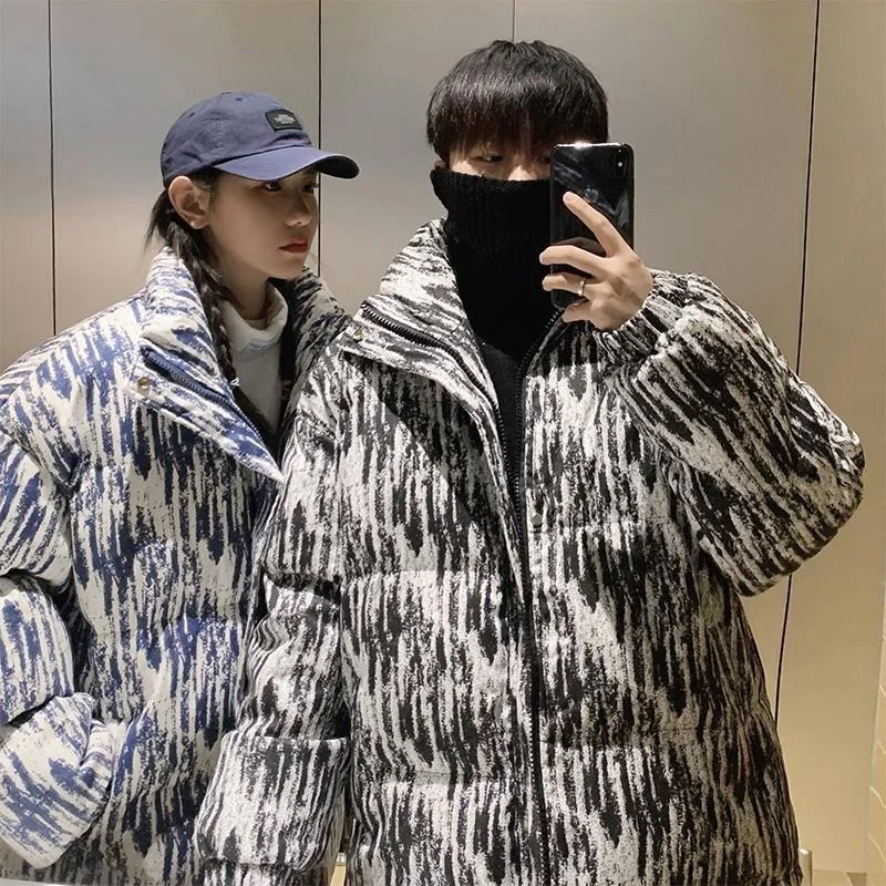 Plus Velvet Thick Thick Warm Down Jacket Casual Simple Autumn and Winter New Loose Fashion Trend Cardigan Printed Down Jacket