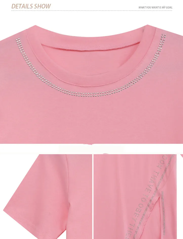 

Summer European Clothes Cotton Solid T-Shirt Fashion Sexy Irregularity Shiny Diamonds Women Tops Short Sleeve Tees New T15404A