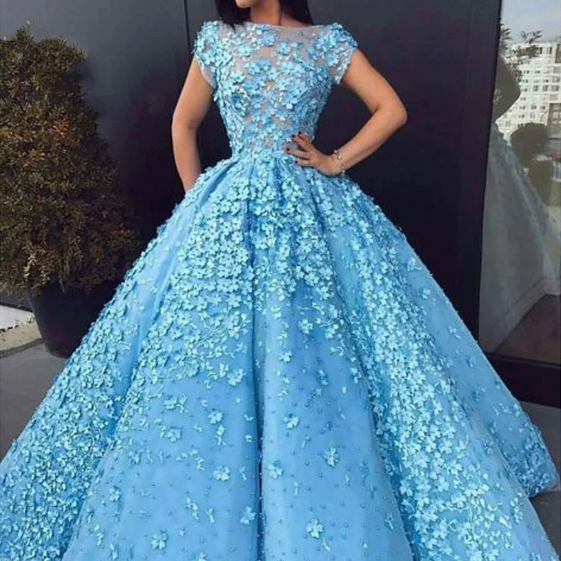 Gorgeous Sky Blue Prom Dresses with 3D Flowers 2020 Boat Neck Beaded Formal Evening Gowns Short Sleeves Vestidos Longo