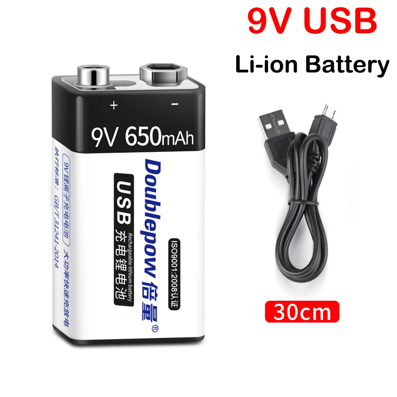 

New 9V USB Rechargeable Battery 6F22 Micro USB 9V Lithium Li-ion Batteries for Multimeter Smoke Alarm Metal Detector Microphone