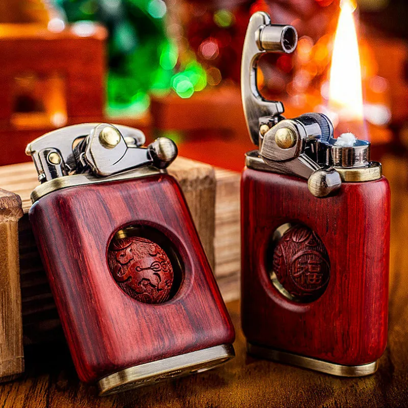 

Zorro Vintage Kerosene Flint Lighter Copper Rosewood Refillable Cigarette Lighter Grinding Wheel Playable Lucky Turn Bead No Box