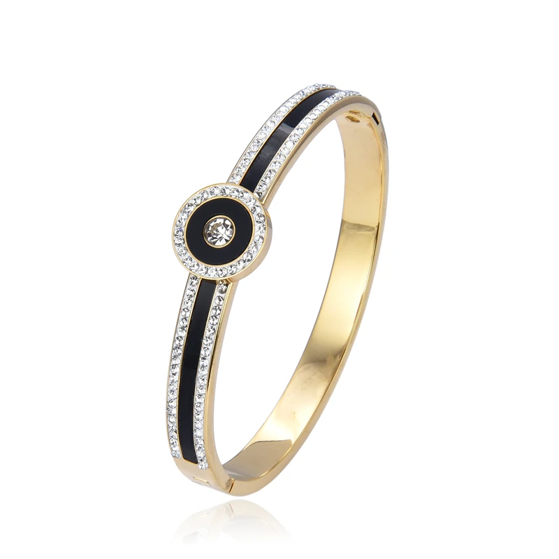 

Luxury Black Border Black Shell Gold Bangle Bracelets Stainless Steel Zircon Bracelet For Men Women Couple Wedding Jewelry Gift