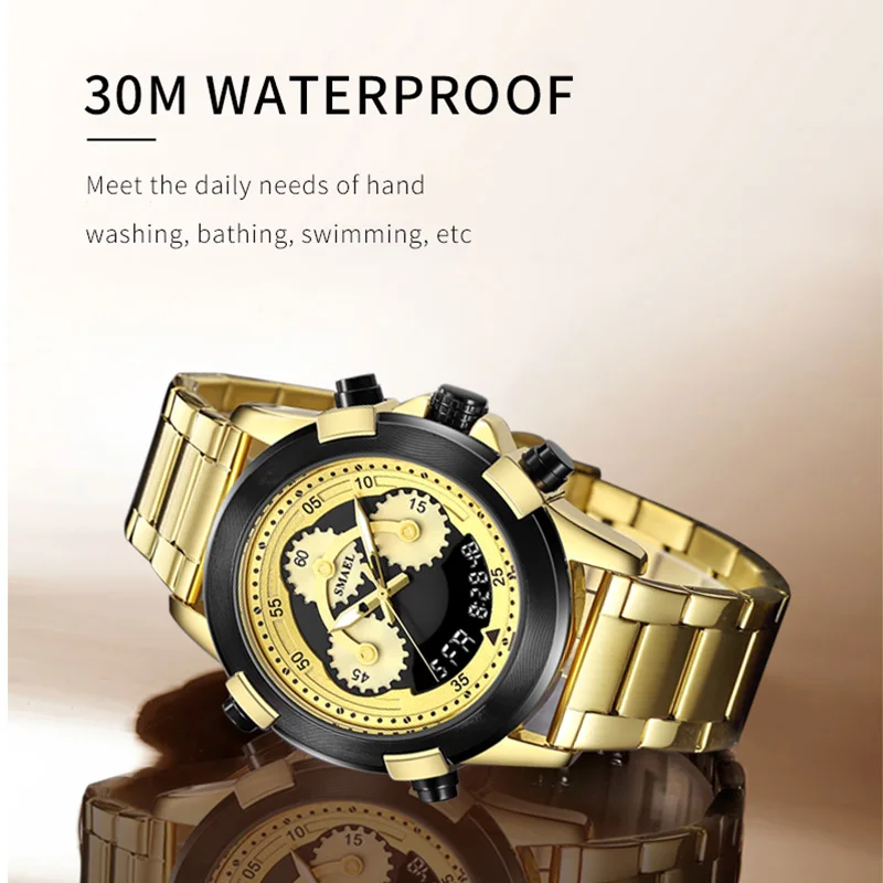 Мужские водонепроницаемые кварцевые часы из нержавеющей стали с цифровым