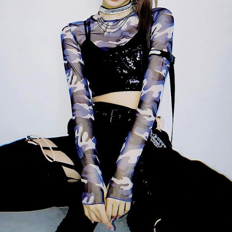 

Blue Camouflage Mesh Top Long Sleeve Sheer Camo Crop Shirt KPop Y2K e-girl Aesthetic Women's Tops & Tees