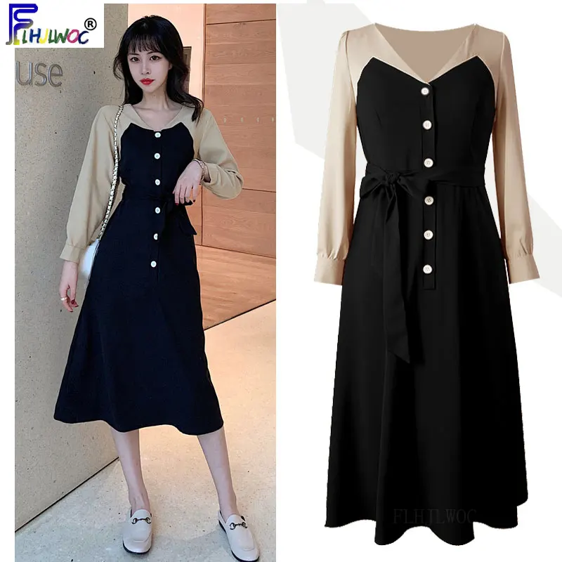 Черные Базовые платья Длинная Женская Весенняя базовая одежда лоскутное