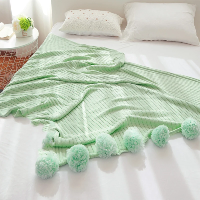 Хлопковое вязаное одеяло Флисовое с шариками покрывало для кровати 5 цветов