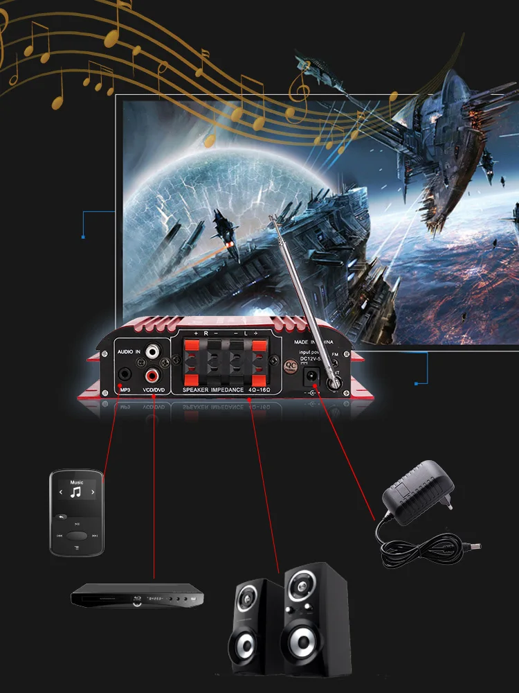 Kinter MA-500 аудио усилитель 4.0CH 30 Вт tda 7377 USB SD FM радио mp3 вход воспроизведение стерео звук высокие частоты управление басами в домашнем автомобиле